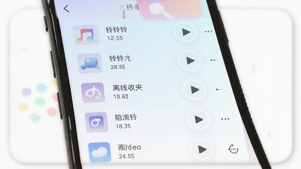 免费铃声海量离线收藏夹界面,主体为手机屏幕展示本地铃声列表,布局采用纵向列表排列,排版宽松舒适,风格为柔和浅色,细节包括铃声名称、时长、文件大小、播放按钮、更多操作图标,画质高清,干净,无多余元素