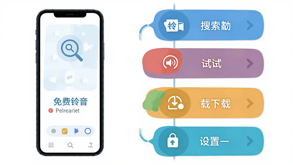 免费铃声海量新手操作指引图,主体为手机屏幕展示分步操作流程图,布局采用纵向步骤条排列,排版清晰直观,风格为扁平化插画风,细节包括搜索、试听、下载、设置四个步骤图标和文字说明,画质高清,干净,无多余元素