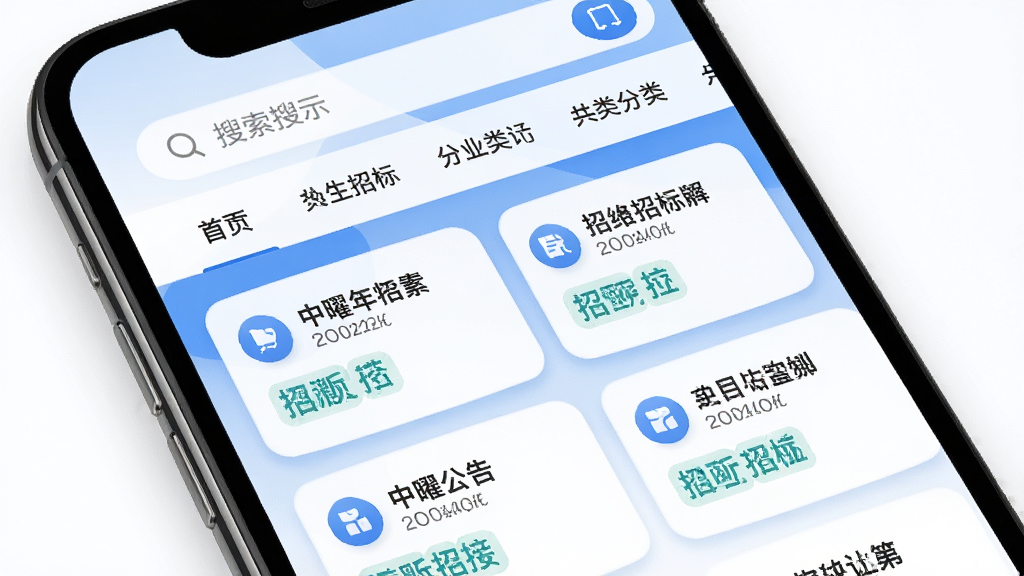 手机屏幕中显示中曜招标APP首页界面,背景为白色与蓝色渐变,顶部有搜索框和分类导航,页面中部排列着多条招标公告卡片,卡片上有项目名称和地区标签,整体布局清晰简洁,风格为扁平化商务设计,细节包括图标圆角和阴影效果,画质高清,干净无多余元素
