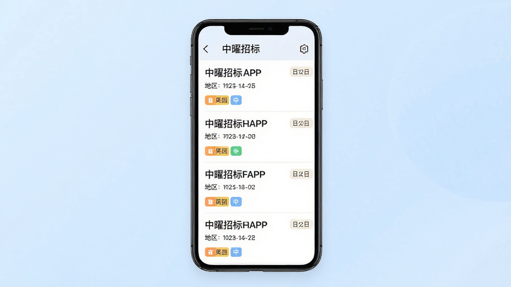 中曜招标APP信息列表页面截图风格,画面中间是一部智能手机,屏幕里展示着多条招标信息条目,每条包含标题、地区、日期标签,背景为淡蓝色渐变,主体突出手机和界面,布局居中,风格为现代扁平化UI展示,细节有列表分隔线和彩色行业标签,画质清晰,干净无杂乱元素