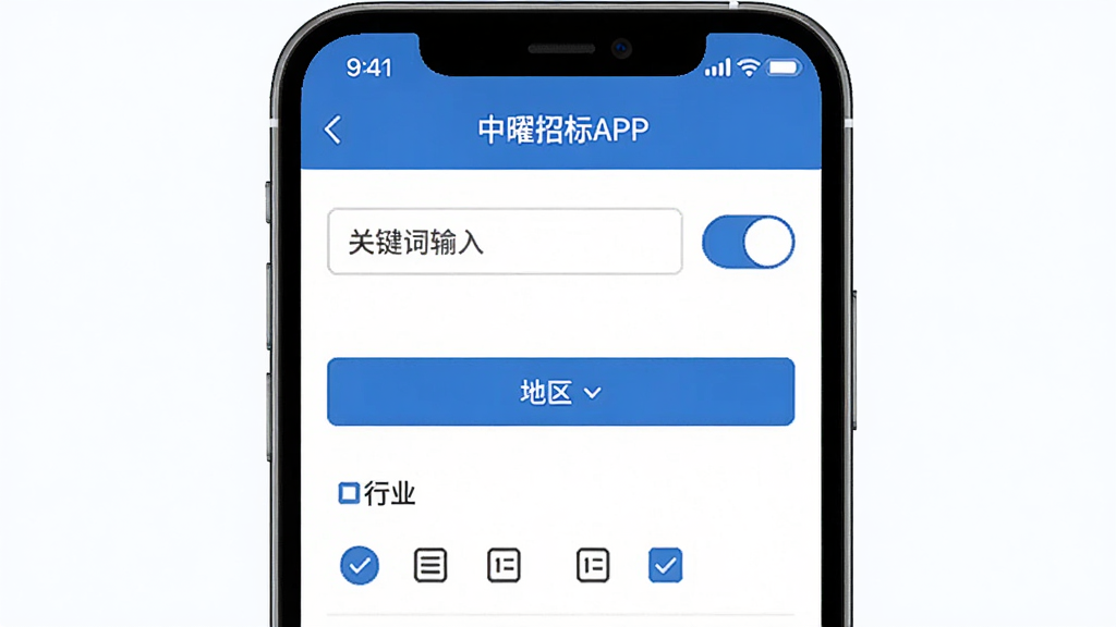 中曜招标APP订阅设置界面,手机屏幕显示关键词输入框、地区选择按钮和行业勾选项,界面颜色以蓝色和白色为主,布局清晰明了,风格为简洁商务风,细节包括开关按钮和标签图标,画质高清,干净无多余元素