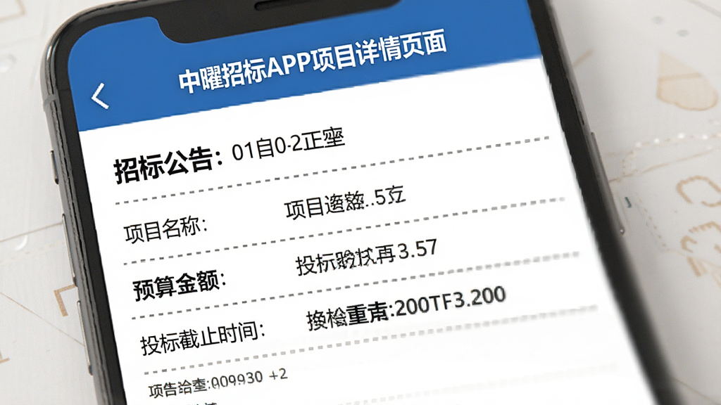 中曜招标APP项目详情页面,手机屏幕展示招标公告正文内容,包含项目名称、预算金额、投标截止时间等信息,背景为白色,顶部有蓝色标题栏,布局规整,风格为正式商务文档样式,细节有分割线和重点信息加粗,画质清晰,干净整洁