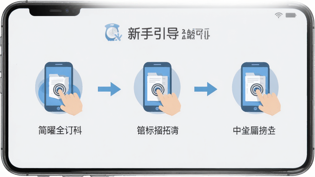 中曜招标APP新手引导界面,手机屏幕显示简单的操作指引图标和文字说明,背景为浅灰色,布局为三步骤图示,风格为扁平化插画风,细节有手指点击图标和箭头引导,画质高清,干净无多余元素