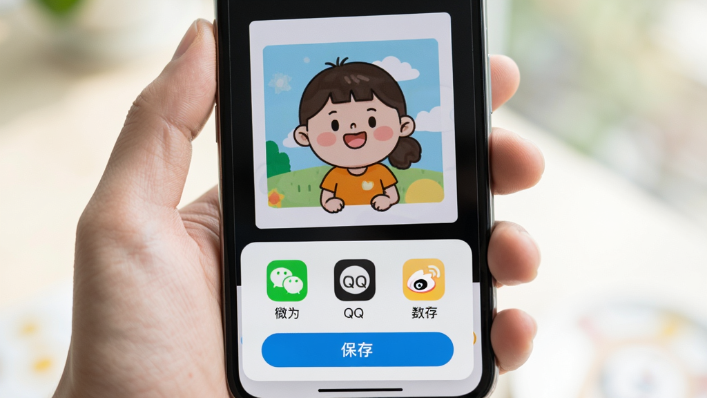 �Ŀ���һ�������뱣�湦��չʾ��������һֻ�������ֻ�����Ļ����ʾ��ͨ��Ƭ�����ɣ��ײ����������˵�����΢�š�QQ��΢����ͼ�꣬����Ϊ�ֻ���д�ӵײ��˵���������������ϸ�ڰ������水ť�������ʶ�����ʸ��壬�ɾ����޶���Ԫ��
