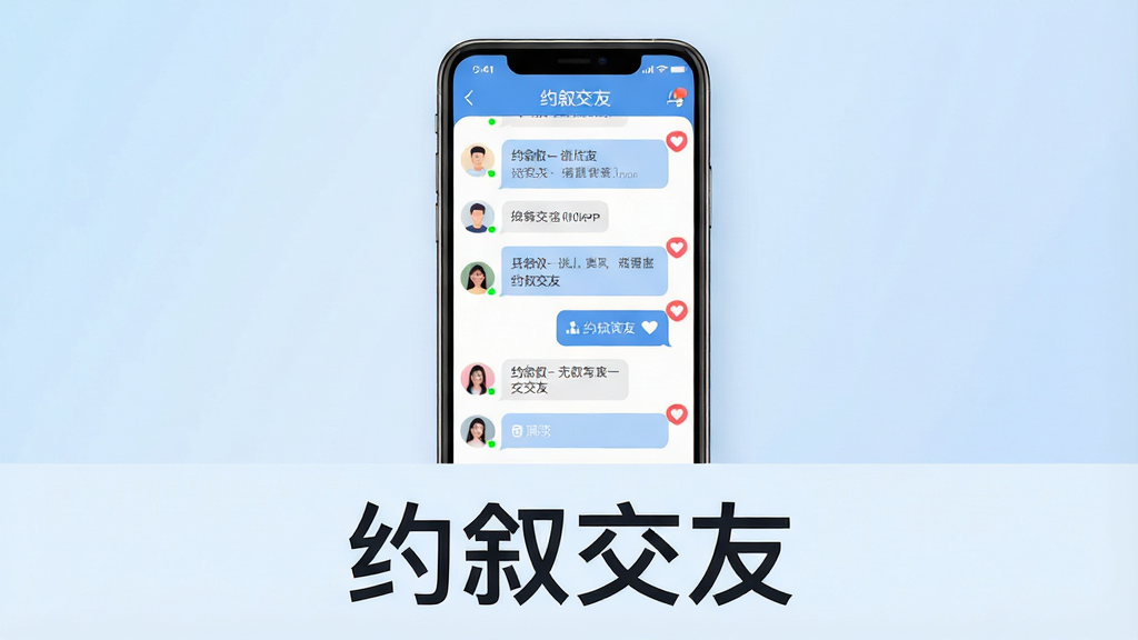主体为一部智能手机屏幕,屏幕中显示“约叙交友”APP的聊天界面,界面中有多个用户头像和对话气泡;布局为手机居中放置,背景为柔和的浅蓝色渐变;排版简洁,手机下方有“约叙交友”四个大字;风格为现代扁平化科技风;细节包括界面内的心形点赞图标、在线绿点、消息提示角标;画质为高清1080P,干净无多余元素。