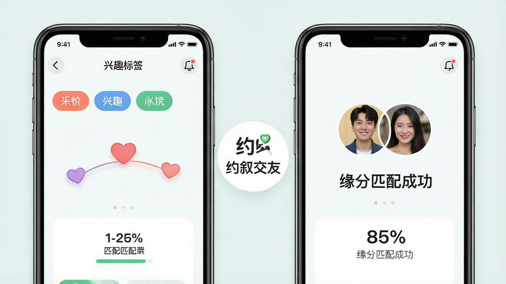 主体为两个手机屏幕并排显示,左侧屏幕展示兴趣标签选择界面,右侧屏幕展示匹配成功的双人头像与“缘分匹配成功”文字;布局为左右对称;排版中间有“约叙交友”Logo;风格为清新浅色系UI;细节包括彩色兴趣标签、心形连接线、百分比匹配度;画质高清,干净整洁。