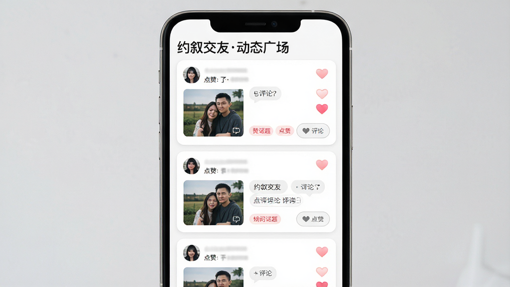 主体为手机屏幕展示动态广场信息流,每条动态包含用户头像、图片和点赞评论按钮;布局为垂直列表;排版顶部有“约叙交友动态广场”标题;风格为简约卡片式设计;细节包括爱心点赞动画、评论气泡、话题标签;画质高清,画面干净。