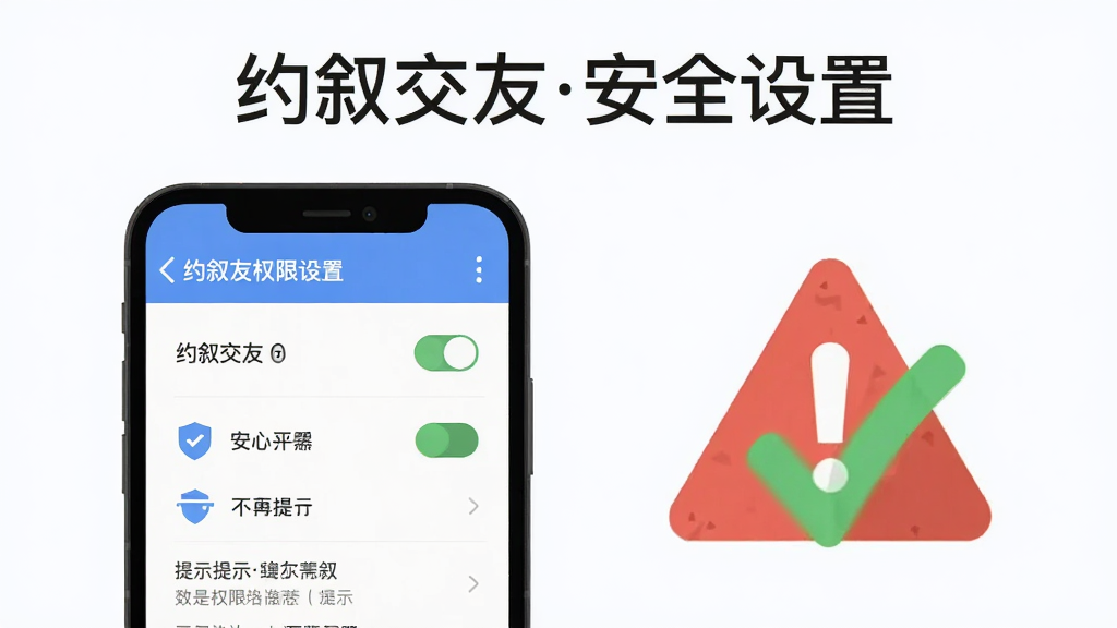 主体为一部手机屏幕显示约叙交友的权限设置页面,旁边有一个红色警告标志和绿色对勾标志;布局为手机与标志左右排列;排版上方有“约叙交友安全设置”文字;风格为扁平化信息图;细节包括权限开关、盾牌图标、提示文字;画质高清,画面干净无多余元素。