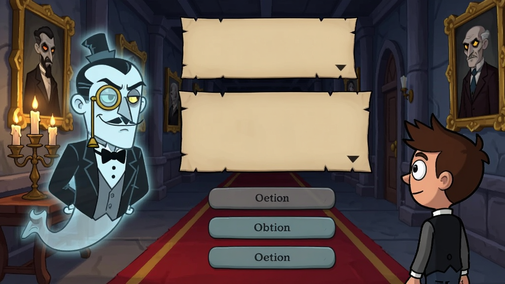 画面是卡通风格的剧情对话界面,左侧站着一只戴单片眼镜的幽灵管家,右侧是玩家角色,中间有对话框和选项按钮。背景是古堡走廊,墙上挂着家族肖像画,地面铺着红毯。布局采用横版对话场景风格,风格为欧美卡通恐怖休闲风,细节包含烛台光影、画框金边、对话框羊皮纸质感。画质高清,画面干净,无多余元素。