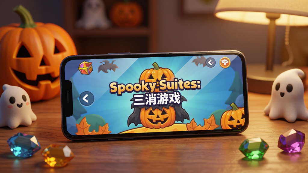 画面是一部安卓手机放在木质桌面上,屏幕显示“Spooky Suites:三消游戏”的加载界面,手机旁边散落着南瓜灯、小幽灵玩偶和几颗彩色宝石。背景是温馨的室内环境,有暖色台灯光。布局采用产品展示风格,风格为清新写实与卡通结合,细节包含手机屏幕反光、桌面木纹、宝石晶莹质感。画质高清,画面干净,无多余元素。