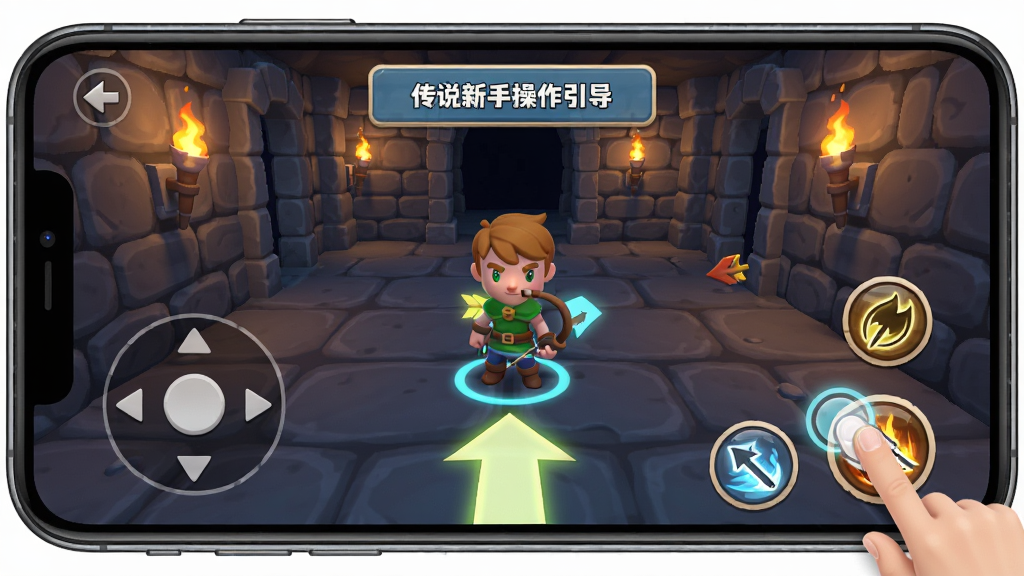 ������˵���ֲ����������棬����չʾ�ֻ���Ļ�ڽ�ɫվ�ڵ�����㣬�����з����ͷָʾ�ƶ�������Ļ��Ե��ע����ҡ�������뼼��������ťλ�ã�����Ϊʯשǽ�����ѣ����Ϊ���¿�ͨ��Ⱦ��ϸ�ڰ�����ָ�������Ч�����������ֿ򣬻��������ɾ����޶�������Ԫ��