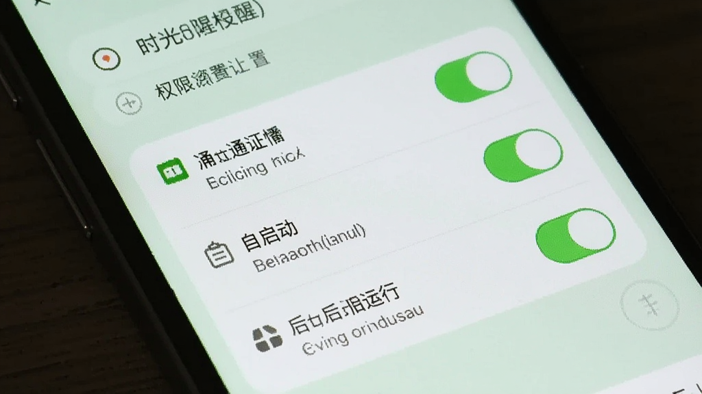 手机屏幕展示时光提醒的权限设置界面,有通知、自启动、后台运行等开关按钮,背景为浅绿色,风格清爽,画质清晰干净