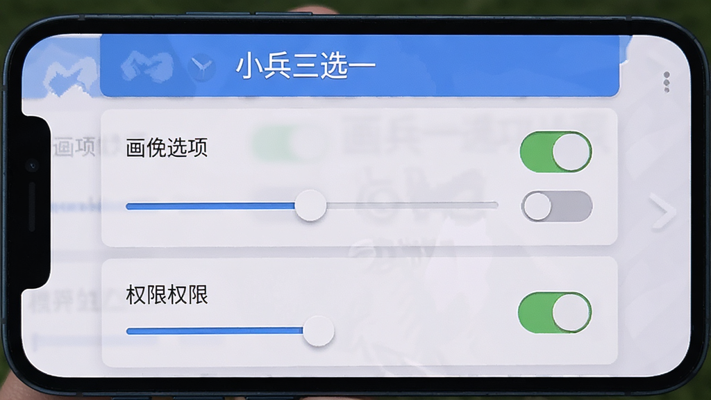 小兵三选一 设置界面 画质选项与权限开关 手机屏幕截图风格 布局为列表式 风格简洁扁平 细节有开关按钮与滑块 画质清晰 干净 无多余元素