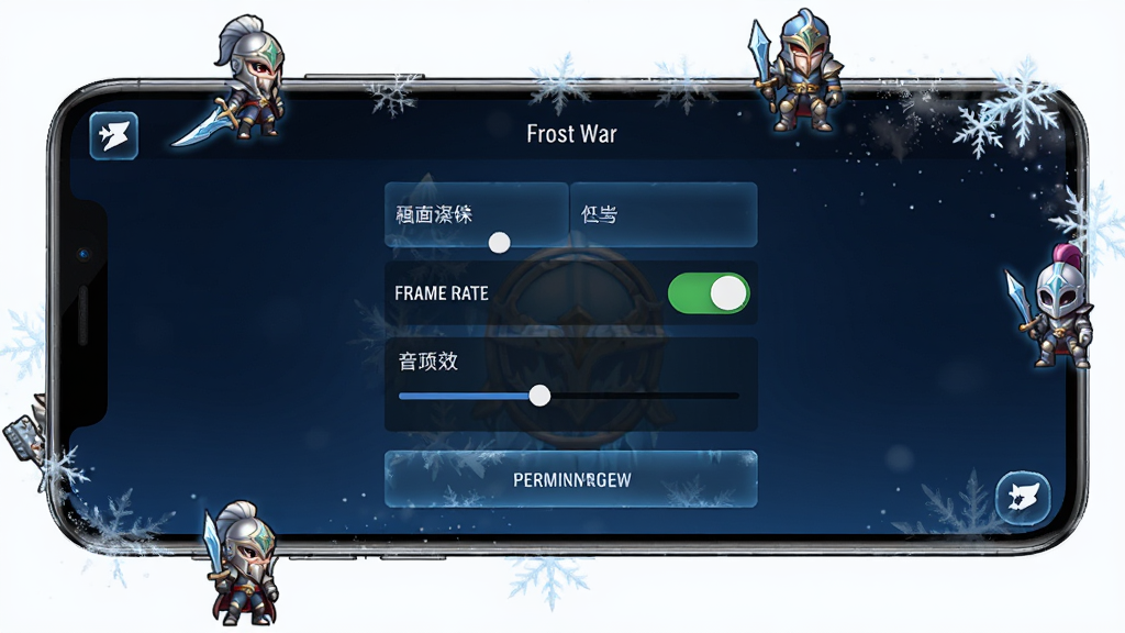 一部智能手机屏幕显示Frost War游戏设置界面,画面中可以看到画质选项、帧率开关、音效调节和权限管理按钮,手机周围有冰雪特效和游戏角色小图标作为装饰,背景是深蓝色渐变,风格为手机游戏UI展示图,布局简洁明了,细节包括设置菜单的文字和图标、手机边框的反光,画质高清,干净,无多余元素