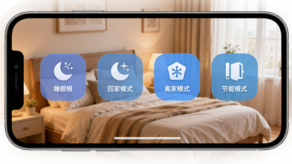 ���ܿյ�ң��AIӦ�ý���չʾ���ܳ���ģʽѡ��ҳ���ֻ���Ļ����ʾ˯��ģʽ���ؼ�ģʽ�����ģʽ������ģʽ�ĸ�ͼ�갴ť����������ܰ���ҳ������������ֻ��볡����ť�����ֲ��ú������У�������Բ�ǣ�ϸ�����������ʸ��壬�ɾ��޶���Ԫ��