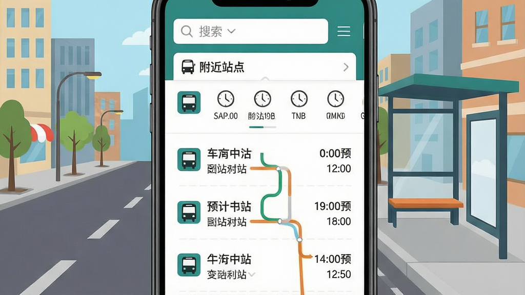 一张手机屏幕展示公交查询应用界面的图片,画面中央是坐车乘公交软件的主页面,上方有搜索框和附近站点列表,下方显示多条公交线路及预计到站时间,背景是城市街道与公交站台的插画风格,整体布局清晰,排版简洁,风格偏向扁平化设计,细节包括公交图标、时钟标识和路线连线,画质清晰,干净,无多余元素