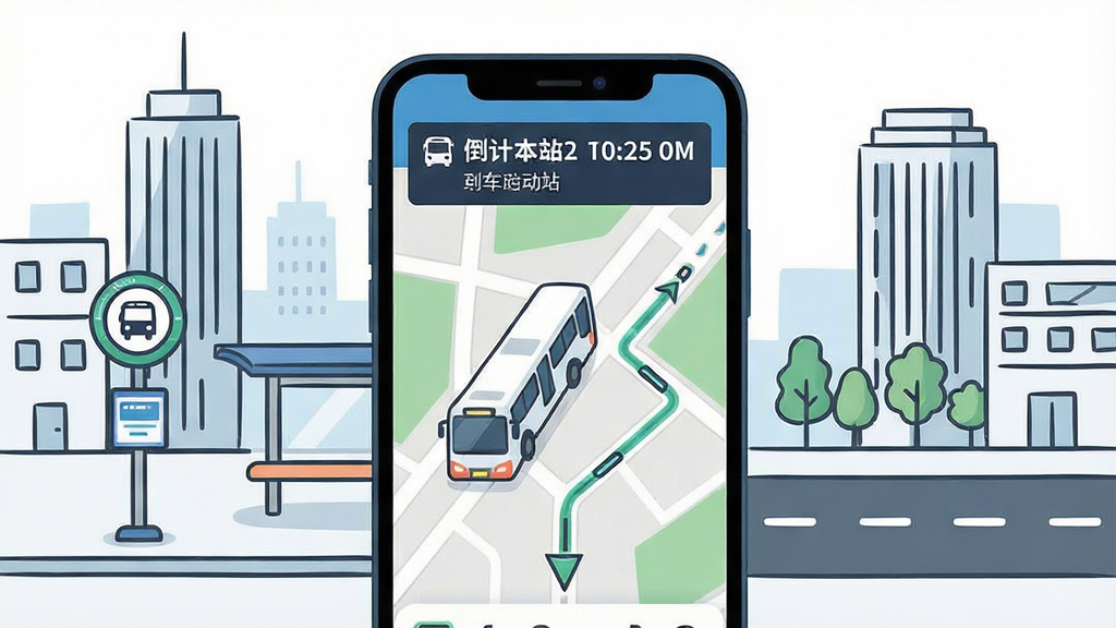 一张展示坐车乘公交软件实时公交动态功能的图片,画面主体为手机屏幕,屏幕内显示地图上移动的公交车图标和倒计时到站信息,周围环绕着城市建筑与道路的简笔插画,布局居中,排版突出手机界面,风格为现代科技感扁平插画,细节包括公交站牌、路线轨迹和数字倒计时,画质清晰,干净,无多余元素