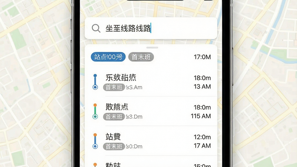 一张展示坐车乘公交软件线路智能检索功能的图片,画面中央是手机屏幕显示搜索框输入线路编号后弹出的结果列表,列表包含站点名称和首末班时间,背景为浅色城市地图纹理,布局采用左右分栏排版,风格为清爽简约的UI展示图,细节包括放大镜图标、线路标签和站点圆点,画质清晰,干净,无多余元素