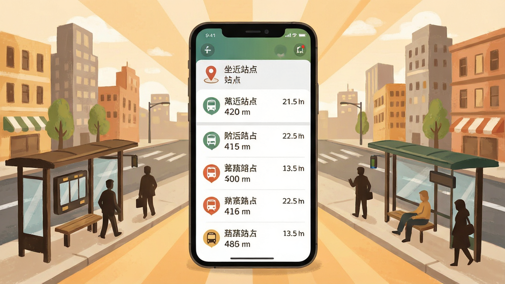一张展示坐车乘公交软件周边站点推荐功能的图片,画面以手机屏幕为中心,屏幕内显示附近站点列表和距离标注,屏幕外围环绕着城市街区、公交站台和行人剪影的插画元素,布局呈放射状排版,风格为温暖生活化插画,细节包括定位图标、距离数值和公交线路编号,画质清晰,干净,无多余元素