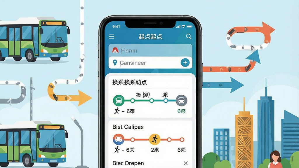 一张展示坐车乘公交软件出行路线规划功能的图片,画面主体为手机屏幕显示起点终点输入框和换乘方案列表,屏幕周围有公交车辆、路线箭头和城市地标的插画装饰,布局采用上下结构排版,风格为明快商务插画,细节包括换乘节点标识、步行距离提示和线路颜色区分,画质清晰,干净,无多余元素