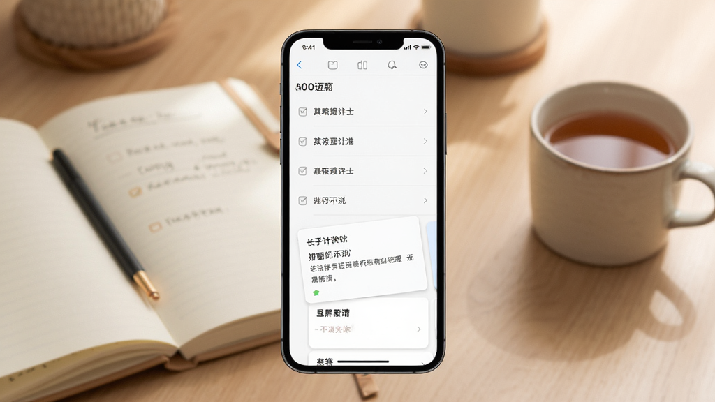 一张展示从长计议软件主界面的预览图,画面中央是手机屏幕,屏幕上显示着简洁的规划列表和思考提示卡片,背景是柔和的书桌场景,有笔记本和一杯茶,风格温馨简约,细节丰富,画质清晰干净,无多余元素