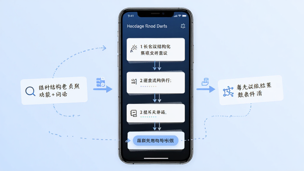 一张展示从长计议结构化思考引导功能的示意图,画面中是一个手机界面,界面上有分步骤的问答卡片,旁边有箭头和图标表示思考流程,背景是淡蓝色渐变,风格科技简洁,细节清晰,画质干净,无多余元素