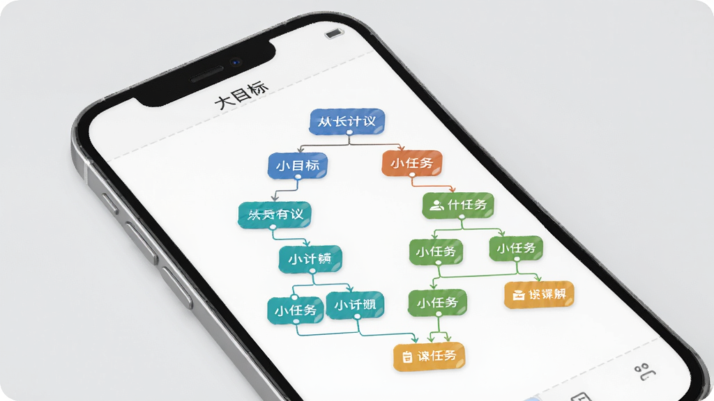一张展示从长计议目标拆解功能的示意图,画面中是一个手机屏幕,屏幕上显示着从大目标到小任务的树状结构图,节点用不同颜色区分,背景是浅灰色,风格商务简约,细节清晰,画质干净,无多余元素