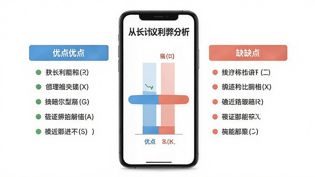 一张展示从长计议利弊分析功能的示意图,画面中是一个手机界面,界面上左右两栏分别列出优点和缺点,中间有对比条,背景是白色,风格清新简约,细节清晰,画质干净,无多余元素