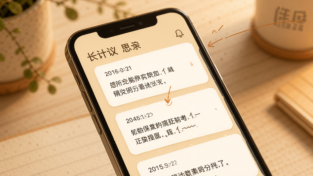 一张展示从长计议思考记录功能的示意图,画面中是一个手机屏幕,屏幕上显示着按时间排列的思考记录卡片,卡片上有日期和摘要,背景是暖色调,风格温馨,细节清晰,画质干净,无多余元素