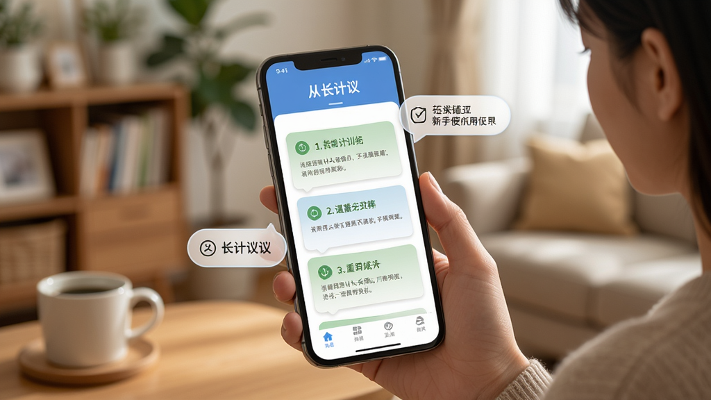 一张展示从长计议新手使用场景的示意图,画面中是一个用户拿着手机正在操作从长计议软件,屏幕上有清晰的引导步骤和提示气泡,背景是舒适的室内环境,风格生活化,细节清晰,画质干净,无多余元素