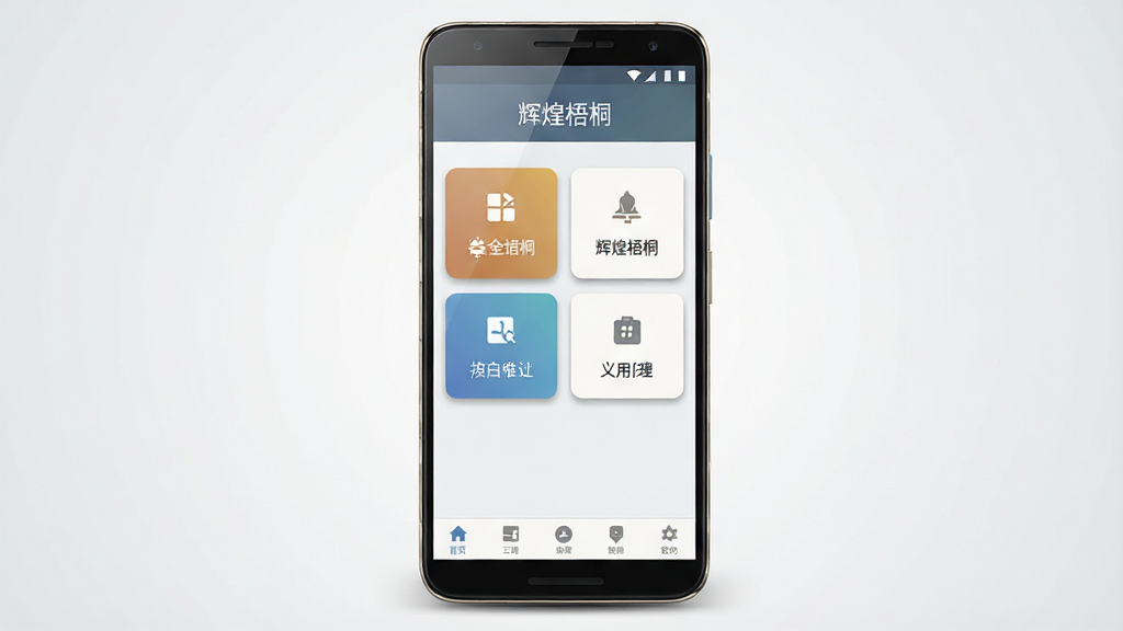 画面主体为一部安卓手机,手机屏幕中展示“辉煌梧桐”应用的主界面,界面布局简洁,顶部有软件名称“辉煌梧桐”,中部为功能卡片区域,底部为导航栏。背景为干净的浅灰色渐变,风格为现代扁平化科技风,细节包括手机边缘的高光与界面元素的微阴影,整体排版居中对称,画质清晰干净,无多余元素。