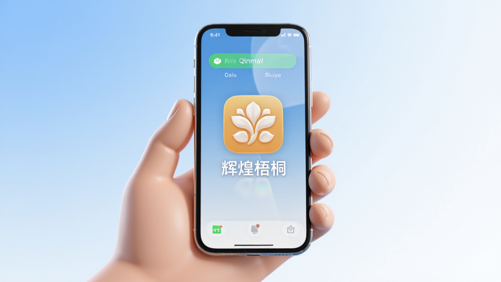 画面主体为一只手掌托起一部手机,手机屏幕显示“辉煌梧桐”应用图标与运行状态界面,图标下方有“辉煌梧桐”文字。背景为柔和的蓝白渐变,风格为清新简约的3D渲染风,细节包括手掌的柔和光影、手机屏幕的微光反射,排版为居中构图,画质高清干净,无多余元素。