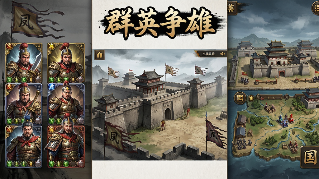 一张以三国乱世为背景的手机游戏宣传图,画面中央是群英争雄游戏主界面,左侧展示多位三国名将卡牌竖排,右侧是城池建设与国战地图,顶部有游戏名称群英争雄,整体布局左中右三栏,风格为中国古代水墨与写实结合,细节包括城墙、战旗、武将盔甲纹理,画质高清,画面干净,无多余元素