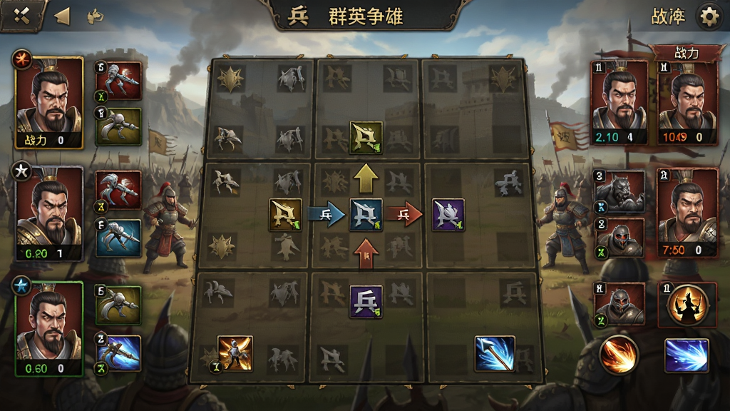 一张群英争雄战斗布阵界面的图片,画面主体为九宫格战场,左侧显示我方武将头像与兵种图标,右侧显示敌方阵容,中央有兵种克制箭头标识,背景为古代战场远景,布局为横向手机屏幕展示,风格为策略游戏UI风格,细节包括兵种图标、战力数值、技能按钮,画质高清,画面干净,无多余元素