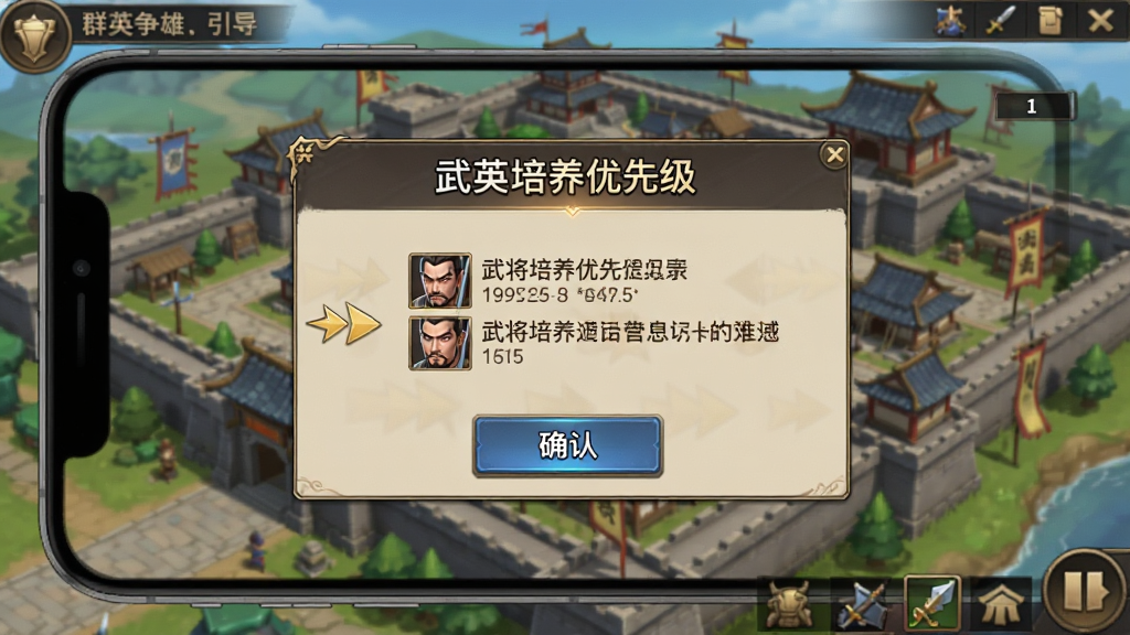 一张群英争雄新手引导界面的图片,画面主体为手机屏幕内显示新手教程弹窗,弹窗内容为武将培养优先级提示,背景为游戏主城界面,布局为居中弹窗,风格为游戏UI提示风格,细节包括箭头指引、文字说明、确认按钮,画质清晰,画面干净,无多余元素