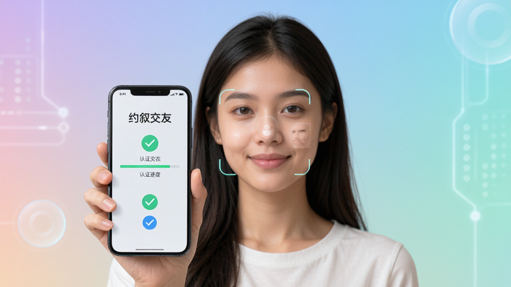 约叙交友真人认证页面,一位年轻女性手持手机进行面部识别,屏幕显示认证进度条与勾选图标,背景为柔和渐变色调,排版居中突出认证流程,风格简洁科技感,细节清晰,画质干净无多余元素