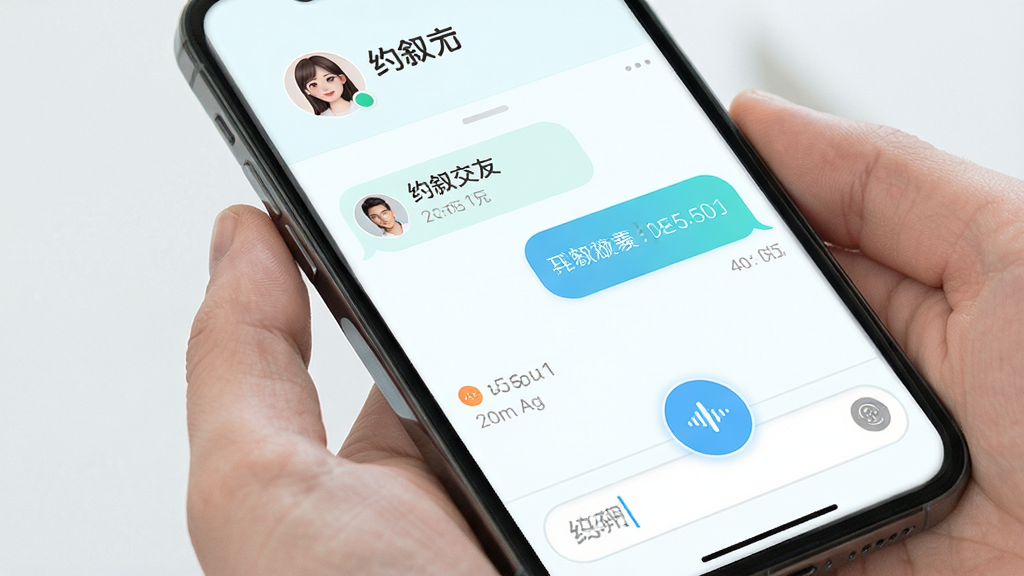 约叙交友聊天界面,手机屏幕展示对话气泡与语音按钮,顶部显示用户头像与昵称,底部输入框简洁,布局上下结构清晰,风格清新浅色,细节表现按钮圆角与消息时间,高清画质,干净无多余元素