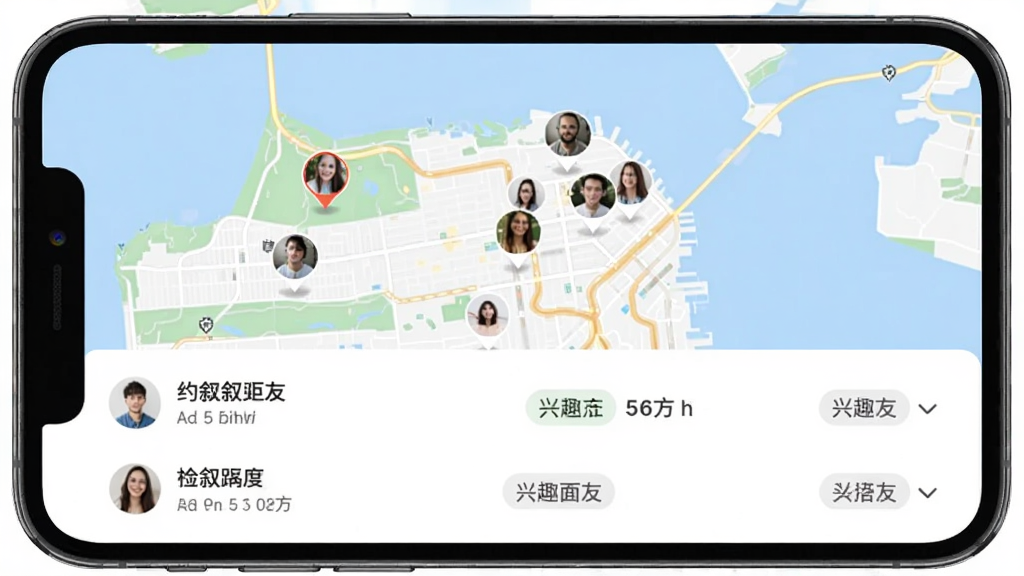 约叙交友附近推荐页面,地图背景上显示多个用户头像标记,下方列表展示距离与兴趣标签,布局地图与列表结合,风格现代简约,细节表现定位图标与距离文字,高清画质,干净无多余元素