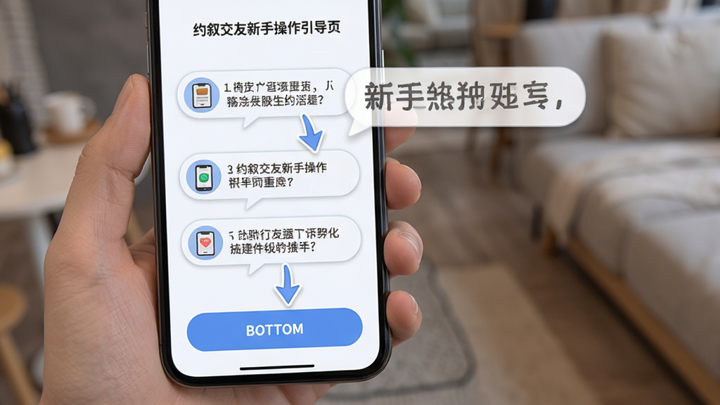 约叙交友新手操作引导页,手机屏幕显示分步提示气泡,箭头指向底部按钮,布局简洁,风格友好,细节表现文字与图标,高清画质,干净无多余元素