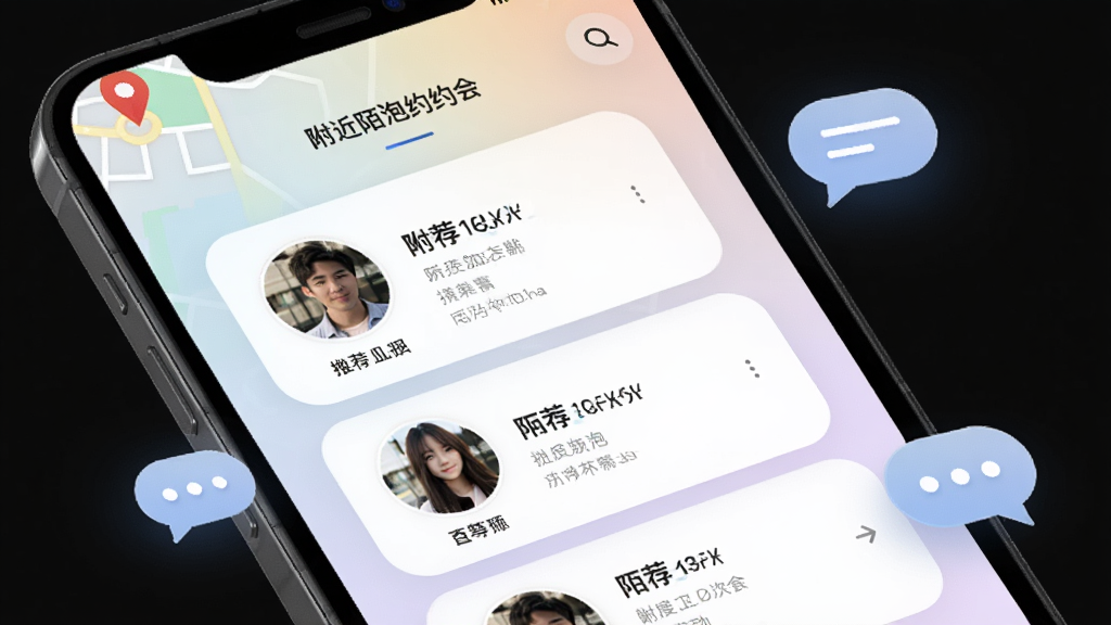 一张手机屏幕展示附近陌泡约会软件主界面的图片,画面中央是卡片式用户推荐列表,背景是浅色渐变,周围环绕着地图定位图标和聊天气泡元素,风格简洁现代,画质清晰,干净无多余元素