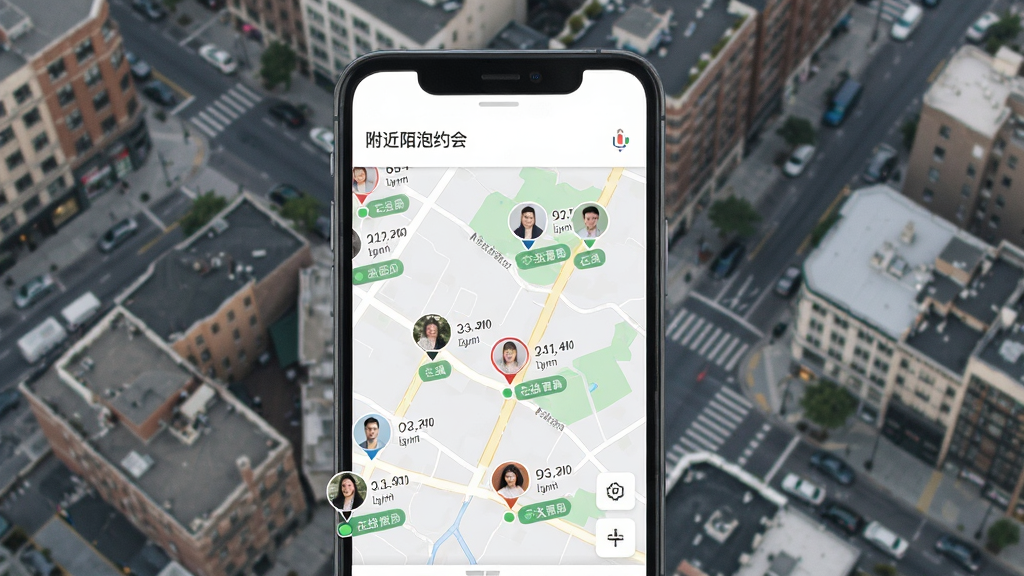 一张展示附近陌泡约会基于位置推荐的界面截图风格图片,画面中手机屏幕显示地图上分布着多个用户头像标记,旁边有距离数值和在线状态标签,背景是城市街区俯瞰图,风格写实清新,画质清晰,干净无多余元素