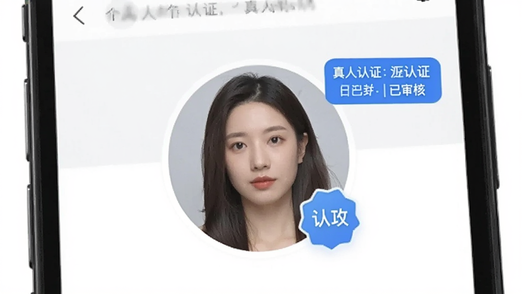 一张展示附近陌泡约会真人认证标识的界面示意图,画面中手机屏幕显示个人主页,头像右下角有蓝色认证徽章,周围有“真人认证”“已审核”等文字标签,风格简洁商务,画质清晰,干净无多余元素