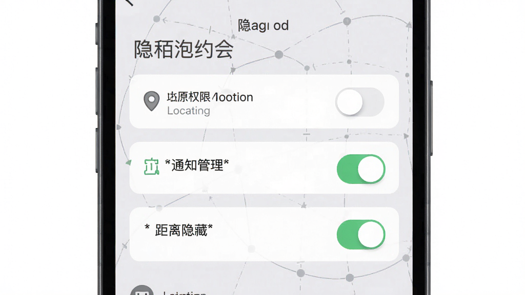 一张手机屏幕展示附近陌泡约会隐私设置页面的示意图,画面中显示定位权限、通知管理、距离隐藏等开关选项,背景是浅灰色界面,风格简洁清晰,画质干净,无多余元素