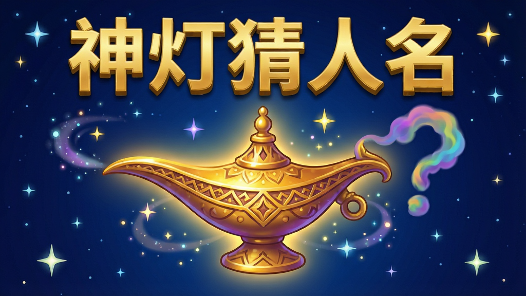 画面主体是一盏散发着温暖金色光芒的阿拉伯风格神灯,神灯悬浮在深蓝色星空背景中央,周围环绕着闪烁的星星和神秘的魔法光点;布局采用居中对称构图,神灯占据画面视觉中心;排版上画面顶部用金色立体字体写着“神灯猜人名”五个大字;整体风格为奇幻卡通风格,色彩以深蓝、金色、紫色为主;细节方面神灯表面有精致的纹路雕刻,灯嘴处飘出一缕彩色烟雾形成问号形状;画质要求高清、干净、无多余元素