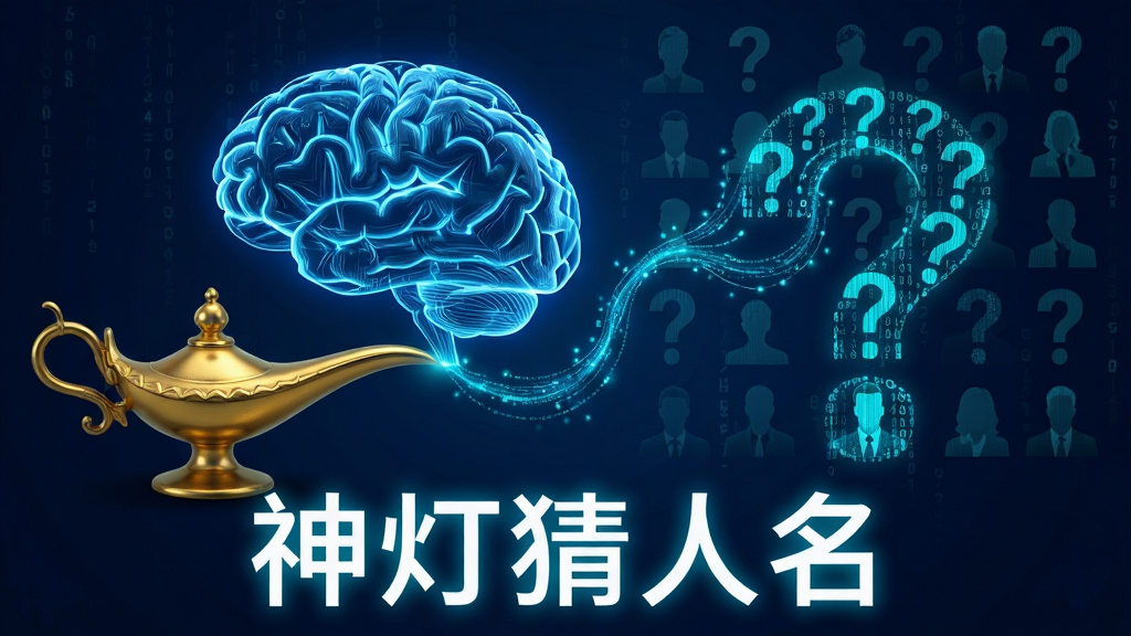 画面主体是一个由发光蓝色线条构成的虚拟大脑与一盏金色神灯相互连接,象征智能猜谜引擎;布局采用左右分栏,左侧为神灯,右侧为数据流形成的问号矩阵;排版上画面底部用白色发光字体写着“神灯猜人名”;整体风格为科技奇幻风,色彩以深蓝、金色、青色为主;细节上蓝色数据流中隐约可见各种人物剪影轮廓;画质高清、干净、无多余元素
