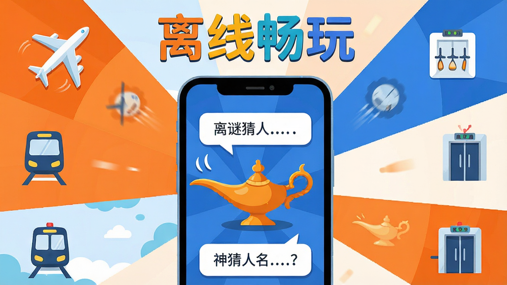 画面主体是一部智能手机屏幕显示神灯猜人名的游戏界面,手机周围环绕着飞机、地铁、电梯等图标元素;布局采用中心辐射式构图,手机位于画面正中央;排版上画面顶部用彩色字体写着“离线畅玩”;整体风格为扁平化插画风,色彩以橙色、蓝色、白色为主;细节上手机屏幕内可见神灯图案和猜谜问答气泡;画质高清、干净、无多余元素