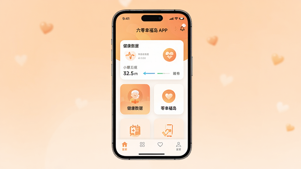 画面主体为一部智能手机,手机屏幕显示六零幸福岛APP首页界面,界面中有健康数据卡片和温馨的暖色调图标,背景是柔和的浅橙色渐变,布局居中,风格简洁现代,细节上屏幕内文字清晰显示“六零幸福岛”,画质高清,干净无多余元素