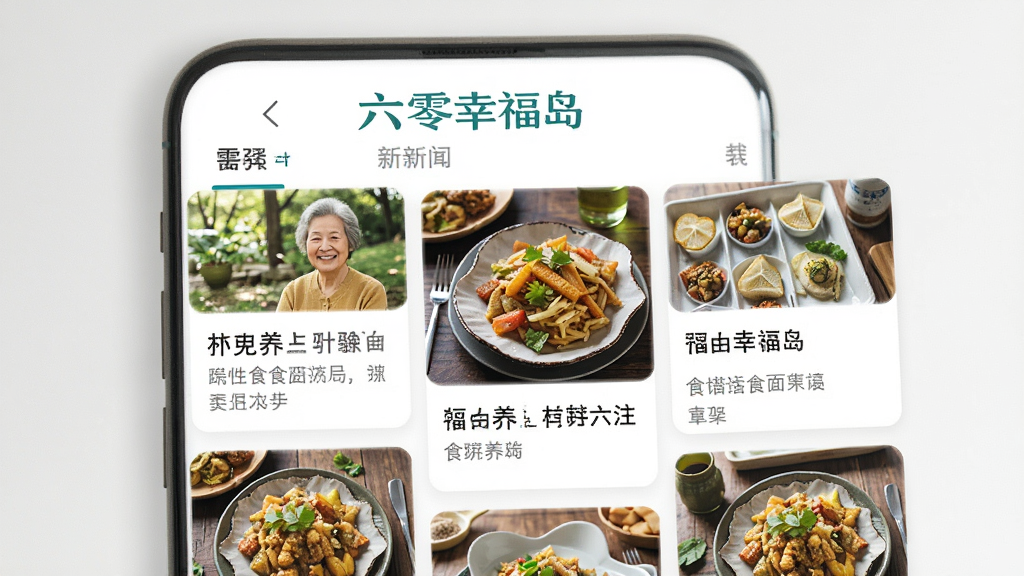 画面主体为六零幸福岛APP的资讯页面截图风格展示,页面中有养生文章卡片和食谱图片,布局采用瀑布流排版,风格清新明亮,细节上页面顶部显示“六零幸福岛”Logo,画质高清,干净无多余元素