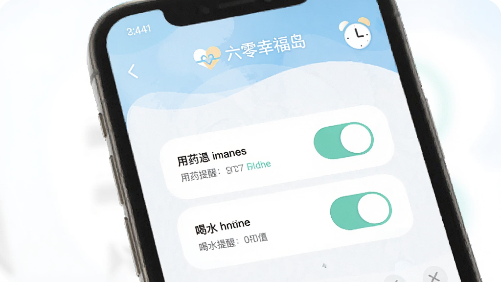 画面主体为六零幸福岛APP的提醒设置界面,屏幕显示用药提醒和喝水提醒的开关按钮,布局简洁居中,风格柔和亲切,细节上界面有“六零幸福岛”标识和时钟图标,画质高清,干净无多余元素