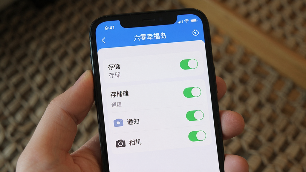 画面主体为手机屏幕显示六零幸福岛APP的权限设置界面,界面中有存储、通知、相机等权限开关,布局清晰,风格简洁明了,细节上界面顶部有“六零幸福岛”文字,画质高清,干净无多余元素